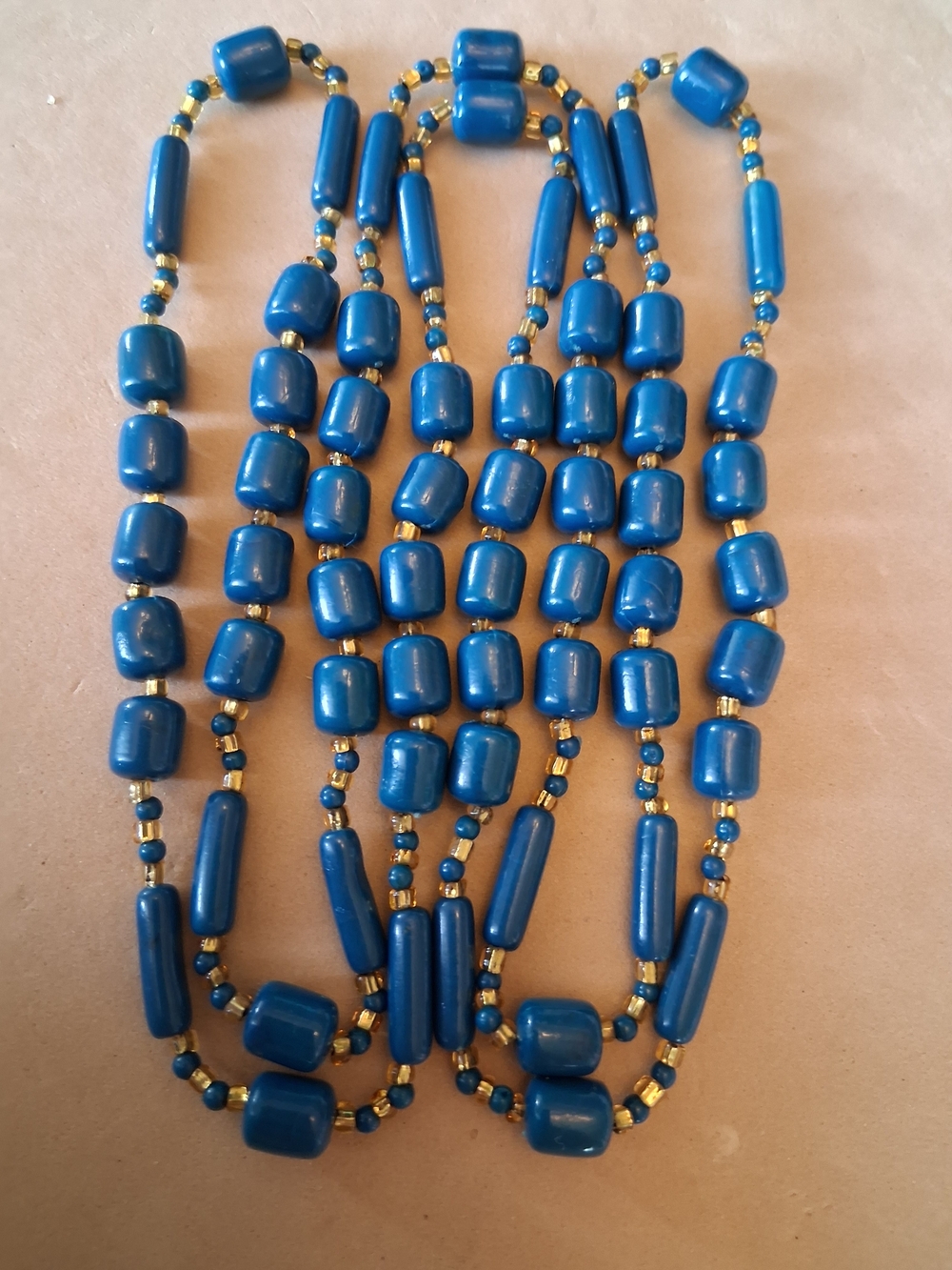 Long Blue Barrel Beaded Necklace With Gold-Tone Spacer Beads